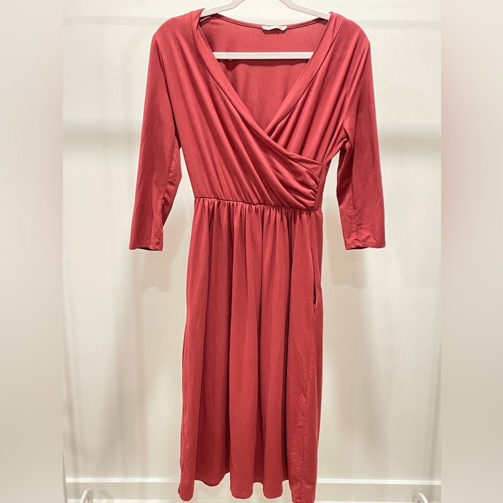 Reborn J Burgundy Red Stretch Jersey Midi Wrap Dress Pockets Size 8 Womens